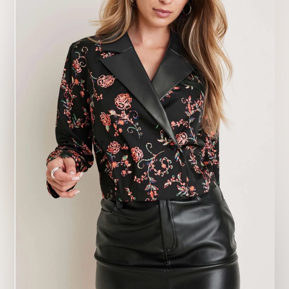VENUS Cropped Tuxedo Blazer Sz 14 Blck Satin w/Floral Print Faux Leather Collar